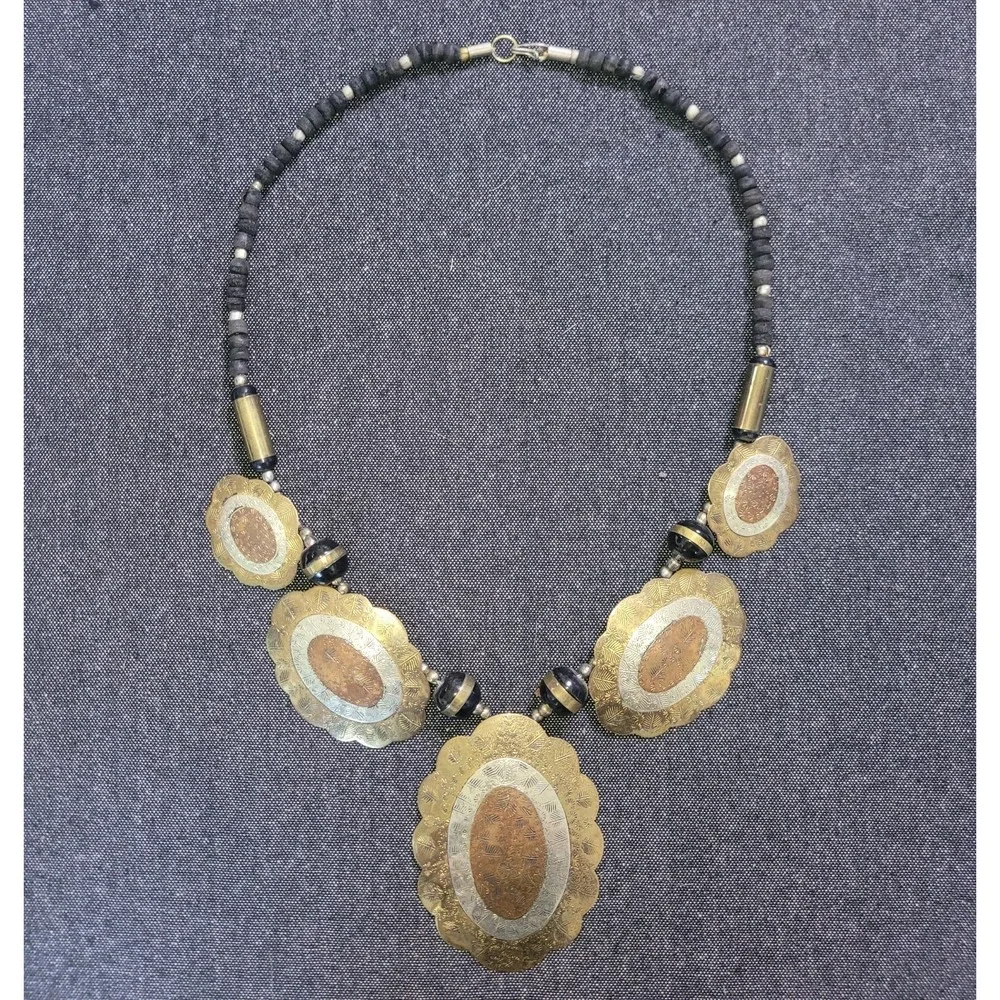 Vintage 60s 70s Brass Mixed Metal Beaded Necklace Funky‎ Large Boho Hippy